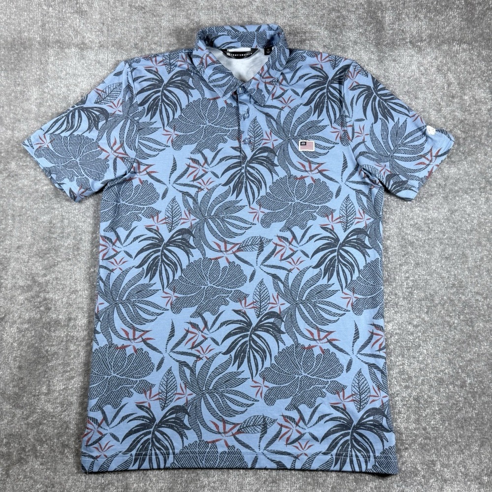 TravisMathew Polo Shirt Men's Medium Blue Floral Leaf Red Letter Day Golf